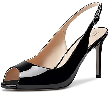 HDEUOLM Donna Spillo Alto High Tacco Heel Aperte sulla Punta Sandali Cinturino alla Caviglia Slingback Fibbia Feste Dress Scarpe Nero Verniciata 44 EU