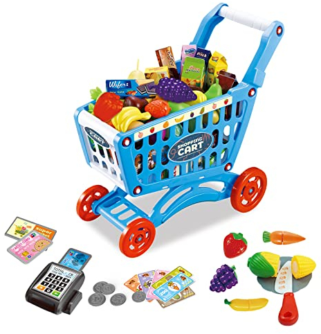 RedCrab Einkaufswagen für Kinder, 64 Stück Kaufladen Einkaufswagen Zubehör Set, Übergröße Rollenspiel Trolley Cart Spielset Lernspielzeug Geschenk für Kinder ab 3+ Jahren Junge Mädchen