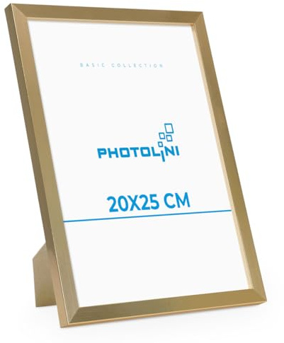 PHOTOLINI Bilderrahmen 20x25 Gold MDF-Holz Poster-Rahmen, bruchsicheres Acrylglas, zum Aufhängen & Aufstellen, extra Zubehör - für Fotos & Poster