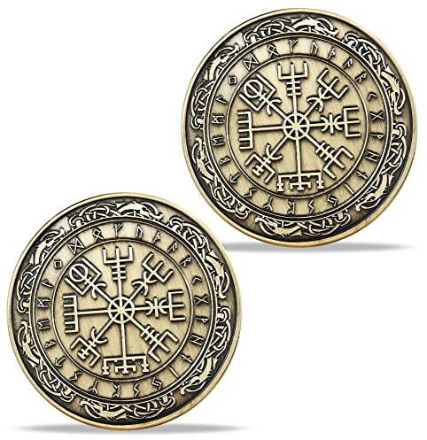 AtSKnSK Nordische Wikinger Mjolnir Münze Thors Hammer Münze Nordische Mythologie Talisman (Vegvisir-Münze (Wikinger-Kompass))