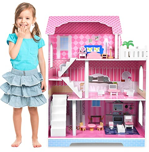 UISEBRT Puppenhaus Holz Puppenvilla mit 3 Etagen Möbeln und Zubehör, Dollhouse Mädchen Spielset für Kinder ab 3 Jahren, Typ B