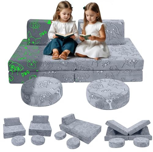 MeMoreCool Modulares Couch Kinder-Sofa, leuchtendes Sofa, graue Dods leuchten im Dunkeln, 8-teilig, modulare Kleinkind-Couch für Jungen Mädchen, Kinder Cabrio Schlafsofa