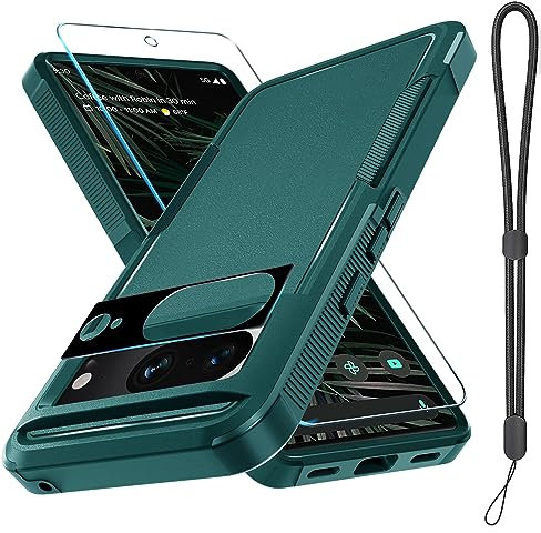 for Google Pixel 8 Case, Full Body Heavy Duty Rugged Shockproof Protective Phone Cover with Wrist Lanyard Strap, Tempered Glass Screen Protector and Camera Lens Cover, Dark Green