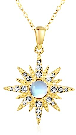 MEDWISE Stern Kette 925 Sterling Silber Gold Achtzackiger Stern Halskette Vergoldete Mondstein Kette Gold Stern Anhänger Mondstein Schmuck für Damen Mädchen Freundin Tochter Freundin Frauen