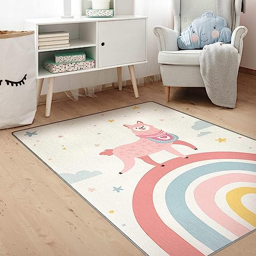 Bilderwelten Kinderteppich Lama auf Regenbogen mit Sternen und Pünktchen Rutschfester Spielteppich Kinderzimmer Teppich 90x60 cm