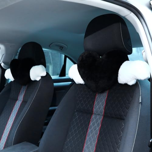 Macarrie 2 cuscini in peluche a forma di cuore con ali d'angelo per poggiatesta auto, morbido e confortevole, cuscino per auto, per guida, viaggi, ufficio, auto, 50 x 21 cm (nero)
