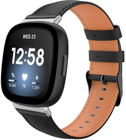 TiMOVO Leder Armband Kompatibel mit Fitbit Versa 4/Fitbit Versa 3/Fitbit Sense 2/Sense Uhrenarmband, Genarbtes Echtes Klassisches Leder Ersatzarmband für Damen und Herren, Schwarz