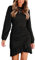 CUPSHE Women's Mini Dress Round Neck Ruffled Hem Ruched Long Sleeve Fitted Ribbed Knit Casual Dress Black XL
