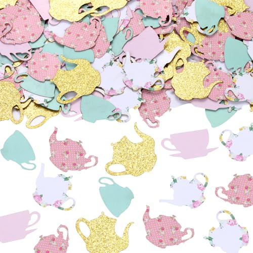 kreat4joy 200pcs Tea Party Confetti, Floral Tea Party Decorations Confetti, Teacup Teapot Glitter Confetti for Table Decor, Smash Cake Decor Girls Boys Birthday Garden Themed Party Table Decoration
