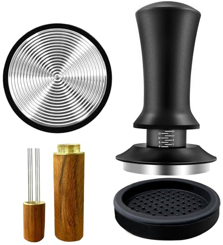 Wenosda Kaffee Tamper 51mm, Espresso Tamper Set Druckregulierender, Tampermatte Tool, 304 Edelstahl Base Kaffeestampfer mit Skaleneinstellung Base Ripple, Aluminiumgriff