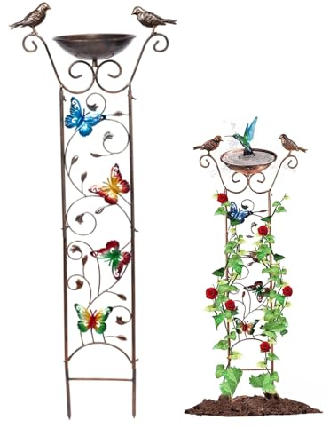 NASSMOSSE Vogeltränke mit Garten Rankgitter 2 in 1 Metall Vogel Wasser Futterspender mit Deko Schmetterling Abnehmbarer stehender Vogel Wasserspender Retro Stehender Vogelfutterspender für Outdoor