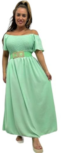 Women Dresses Loose Fit Long Maxi Off Shoulder Short Floaty Sleeve Shirred Summer Dress Plus Size Baggy Square Neck Plain Casual Outwear Solid Womens Swing Sundress UK Mint Green