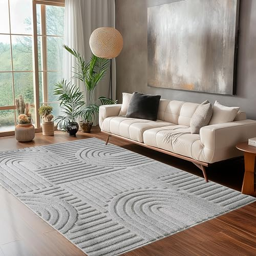 Carpettex Kurzflor Hochtief Teppich 300x400 (280 x 370 cm) Silber Skandi-Look - 3D Effekt Boho Muster Waschbar und Flauschig - Für Wohnzimmer, Schlafzimmer, Esszimmer und Küche