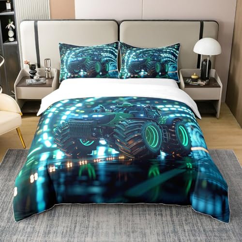 LKW 100% Natürliche Baumwolle Bettbezug 135x200,Moderne Off-Road Fahrzeug Tröster Abdeckung,Blau Leuchtende Neon Lichter Bettwäsche Set,Kühle Mechanische Stil Bett Set,Grün Orange