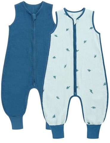 amo nenes 2er Pack Baby Schlafsack Sommer mit Füßen 0.5 Tog Sommerschlafsack 100% Baumwolle Musselin Atmungsaktiv für Jungen und Mädchen, Dinosaurier, 1-2 Jahre