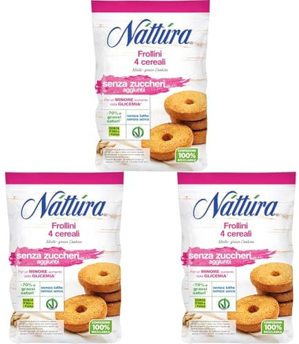 NATTURA Frollini 4 Cereali Senza Zuccheri, Biscotti Senza Latte e Uova, con il -70% di Grassi Saturi, Prodotto Vegano Senza Olio di Palma per un Minore Aumento della Glicemia, 200 gr (Confezione da 3)