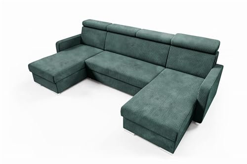 LIKMA Flaschengrün Ecksofa Mako U-Form 274x165 cm mit Schlaffunktion (254x125 cm) Eckcouch mit Bettkasten und Verstellbare Kopfstützen Wohnlandschaft Bettsofa mit Stauraum Polstermöbel Sofa 4 Sitzer