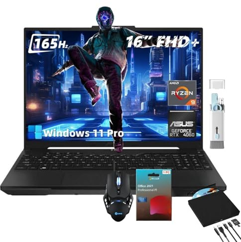 ASUS Ordinateur portable de jeu TUF A16 – Écran 16 FHD+ 165 Hz, AMD Ryzen 9 7940HX, NVIDIA GeForce RTX 4060, 16 Go DDR5, SSD PCIe 1 To, Windows 11 Pro, licence Office à vie, accessoires