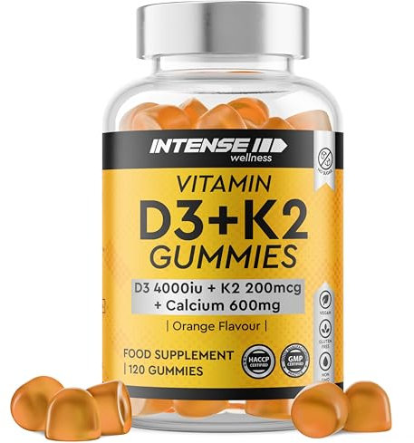 High Strength 120 Vitamin D3 4000 IU Gummies with K2 & Calcium - Sugar Free Orange Chewable for Strong Bones, Teeth & Immune Health - Non-GMO Vegan Gluten-Free - Vitamins D Food Supplement