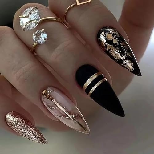 Luxury Stiletto Press On Nails, Black and Gold Marble Design with Glitter Accents, 24 Pieces Almond Shaped, Medium Length with Glossy Amber, Gplden Foil & Sparkle Accent