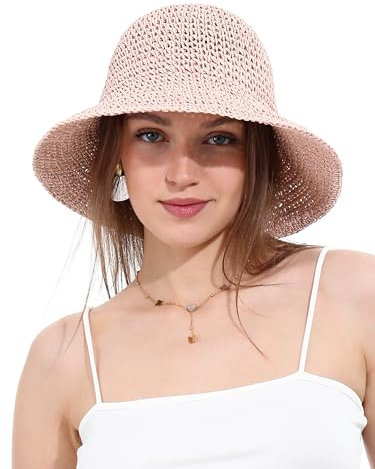 Chapeau de Soleil Femme en Paille Tressée Large Bord Reversible Plage Bob Pliable Été Voyage Protection UV UPF50+(Rose)