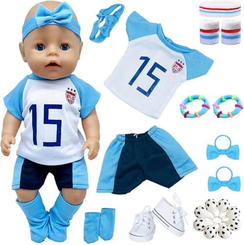 Puppenkleidung für 36-43cm Newborn Baby Doll, 20 Stück Fußball Kleidung Outfits Enthalten Fußballspiel Bekleidungsset Gestreiftes Haarband Handgelenkschoner Set 4 Haarbänder 8 Luftballons Schuhe