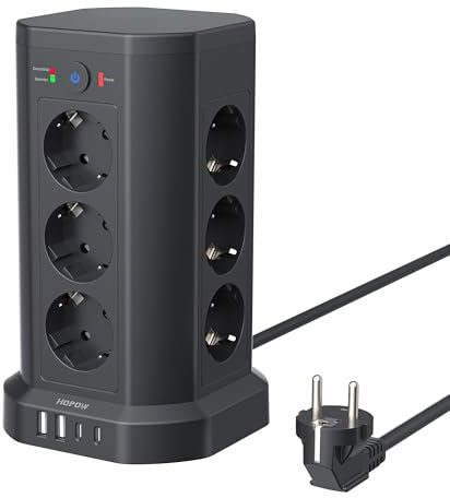 12-Fach Steckdosenturm mit Überspannungsschutz 1050J, Steckdosenleiste mit 4 USB-Ports(3680W 16A), 2 m Verlängerungskabel, Mehrfachsteckdose mit Schalter, Steckerleiste für Zuhause und Büro