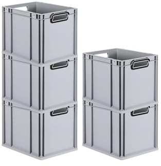 PROREGAL SparSet 5x Eurobox NextGen Color | HxBxT 32x30x40cm | 30 Liter | Griffe schwarz offen | Glatter Boden | Grau | Eurobehälter, Transportbox, Transportbehälter, Stapelbehälter