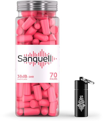 Sanquell Soft Disposable Foam Ear Plugs, 70 Pairs, Noise Reduction SNR 38 dB Hearing Protection, for Sleep, Travel, Work, and Study, Includes Aluminium Case - Pink