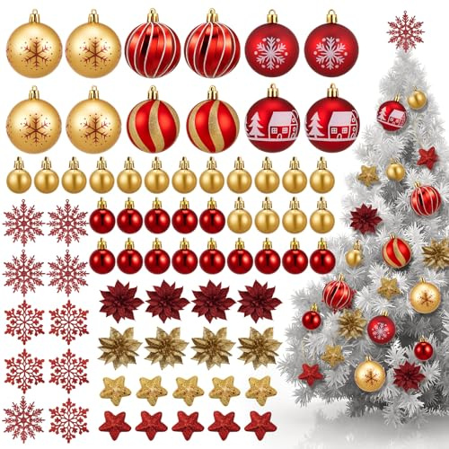 Sinmoe Weihnachtsschmuck Enthalten Weihnachtskugeln Bruchsichere Packung Schneeflocken Glitter Weihnachtsstern Sterne Weihnachtsdeko mit Aufhänger(70,Rot und Gold,Klassiker)