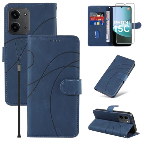 FHSYCR Handyhülle für Xiaomi Redmi 15C 4G/5G Hülle und 1 Stück Panzerglas Schutzfolie, Premium PU Leder Flip Case Magnet Kartenfach Standfunktion Schutzhülle für Xiaomi Redmi 15C 4G/5G- Blau