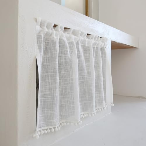 Dsnyu Bistrogardine 75 cm Hoch, Küchen Gardinen Modern Weiß Leinen Kurzgardinen Scheibengardinen Einfarbige Leinenstruktur mit Samtbällen 2 Stück B 70 x H 75 cm