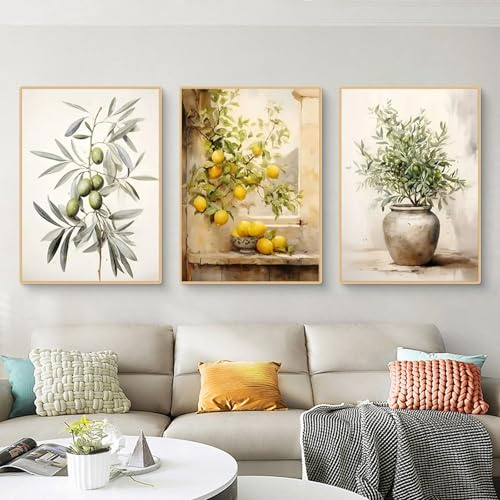 TROYSINC 3er Ästhetik Poster Set, Sommer Zitrone Olivenbaum Wandbilder Wohnzimmer, Vintage Mediterrane Landschaft Kunstdruck Leinwandbild Bilder für Schlafzimmer, Ohne Rahmen (30x40cm,D)