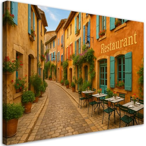 Feeby Wandbilder - Bilder Schlafzimmer - Italienische Straße Restaurant - 120x80 1tlg - Wohnzimmer Bild Groß - Wohnungs - Foto Geschenk - Leinwand Wall Art - Wand Deko