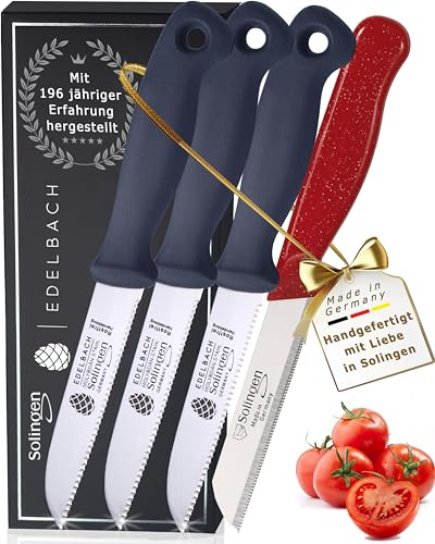 Edelbach Solingen Küchenmesser Set | Made in Germany Solingen Set, Obstmesser, Gemüsemesser, Schälmesser, sehr scharf | Allesschneider Edelstahl | Kneipchen Messer (4er Perfect Tomatenmesser)