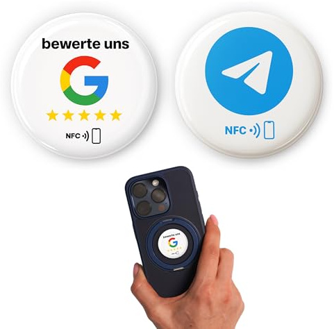 NFC Sticker Set: 1x „bewerte Uns“ für Google Bewertungen + 1x für Telegram – selbst programmierbar, 3 cm - glänzende Epoxy-Oberfläche – ideal für Handel & Dienstleister