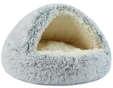 Belababy Calming Dog Bed, Fluffy Dog Cave Bed Small Medium with Upgraded Support Hood, Non-Slip Warm Donut Cat Beds for Indoor Cats (40CM, Gradient Grey)