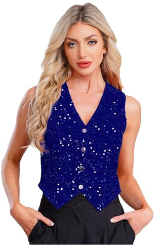 Fldy Damen Glitzer Weste Ärmellos V-Ausschnitt Pailletten Jacke Elegant Funkelnd Party Cocktail Club Gilet Top Königsblau L