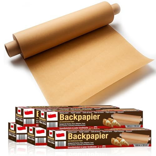 SULENO 5 x Backpapier Rolle, 38 cm x 100 m, 500 m - 5 Rollen | Antihaftbeschichtet, Hitzebeständig bis 220 °C, Beidseitig Silikoniert, Naturbraun