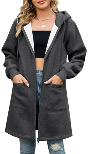 Vancavoo Fleecejacke Damen Sweatjacke mit Kapuze Lange Übergangsjacke | Elegant Kapuzenjacke, Reißverschluss Hoodie Jacke, Rippbündchen und Taschen für Alltag, Frühling und Herbst