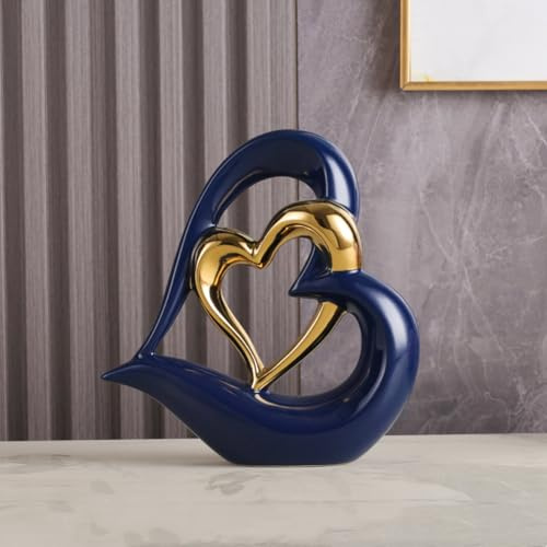 ODMYZG Double Heart Ceramic Ornament, Creative Modern Home Decoration Gift for Office Living Room Collection Souvenir, Blue and Gold