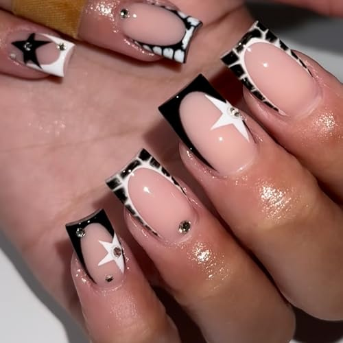 Aribliseza Nail Stickers, 24 Pieces, Short Artificial Nails in Y2K Style, Decorated with Stars and Rhinestones, Cute and Cool, Nail Design Trends 2026