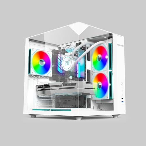 Empire Gaming EC253 PC-Gehäuse Cube ATX/mATX/ITX, Panorama-Gehärtetes Glas, 3 Vorinstallierte ARGB-Lüfter + Controller, 330mm GPU, 168mm Lüfter, Watercooling 240mm, USB-C, Weiß