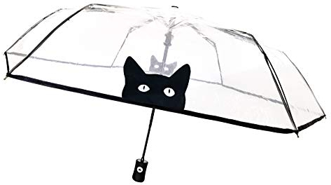 SMARTBULLE Transparenter Faltbarer Regenschirm - Kompakt; Stabil; Windbeständig; Automatisch öffnend; Durchmesser=98cm; Damenregenschirm; Motiv: Katze.