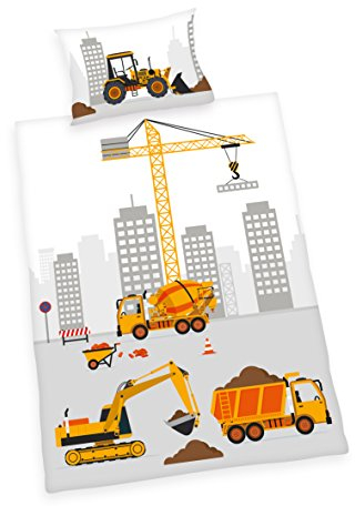 Herding Baby Best Kleinkinder-Bettwäsche-Set, Jana Baustelle Wendemotiv, Bettbezug 100 x 135 cm, Kopfkissenbezug 40 x 60 cm, Baumwolle/Renforcé