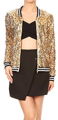 Anna-Kaci Damen Glitzer Pailletten Dünne Rib Rop Langarm Reißverschluss Bomberjacke Fliegenjacke Bikerjacke Jacke, XL, Gold