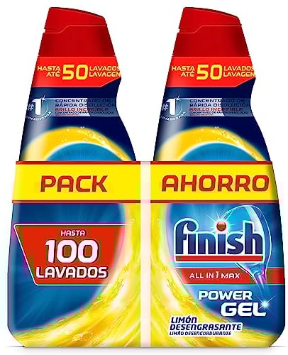 Finish All in 1 Max Power Gel Limón Desengrasante Detergente Gel para el Lavavajilla, 2 unidades, 100 lavados