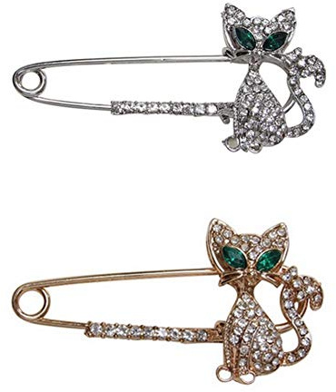 Lot 2 broches style épingle à nourrice motif chat argenté et doré, broche qualité.