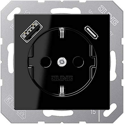 Jung A1520-15CASW SCHUKO-Steckdose mit USB Typ AC (max. 3A) mit erhöhtem Berührungsschutz (Thermoplast bruchsicher) Schwarz Serie A
