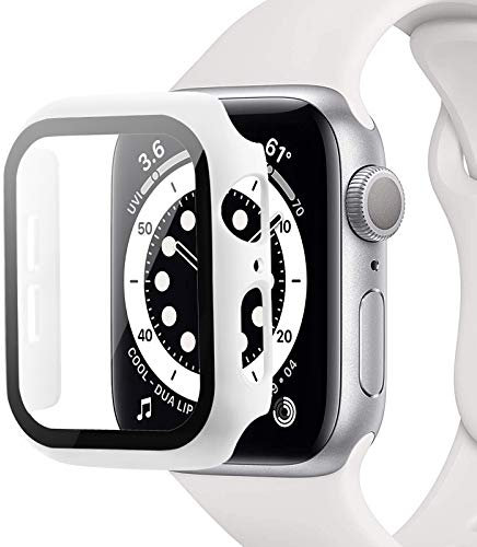 Miimall Compatible con Apple Watch Series 3/2/1 42 mm 38 mm funda con protector de pantalla de cristal templado, ultrafina, protector de pantalla para iWatch 42 mm, color blanco